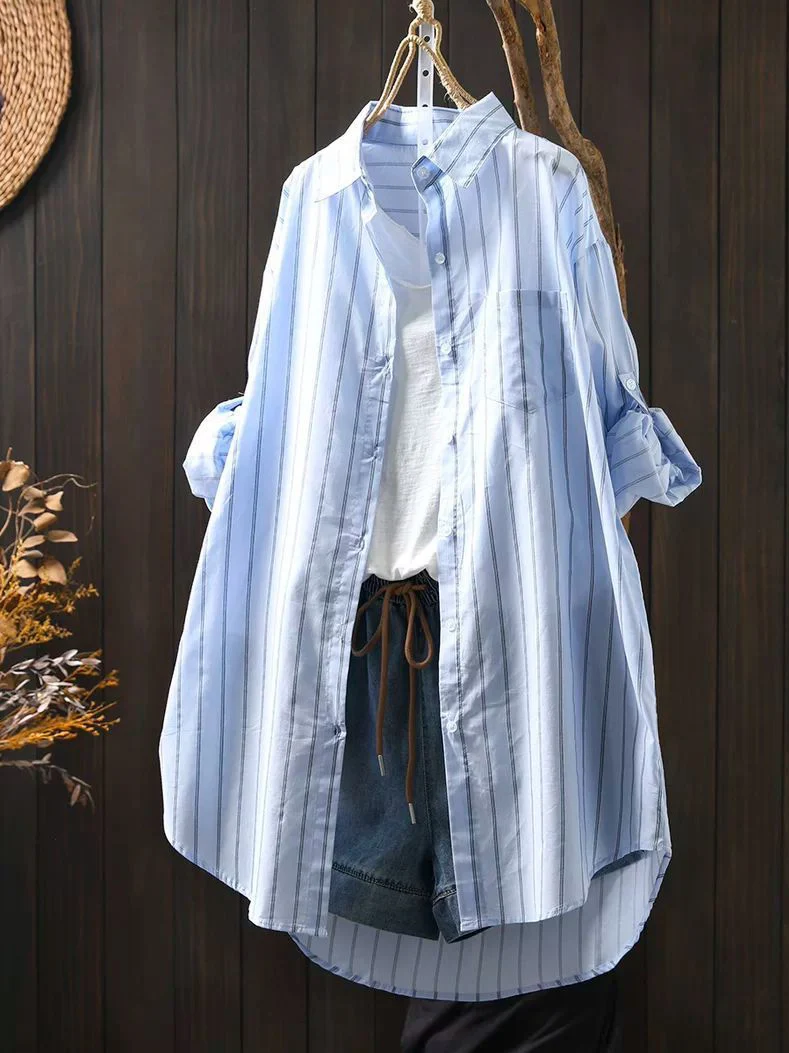 Grande taille femmes décontracté irt Long Sve mince rayé coupe ample été climatisation haut mi-long coréen Sle coton...