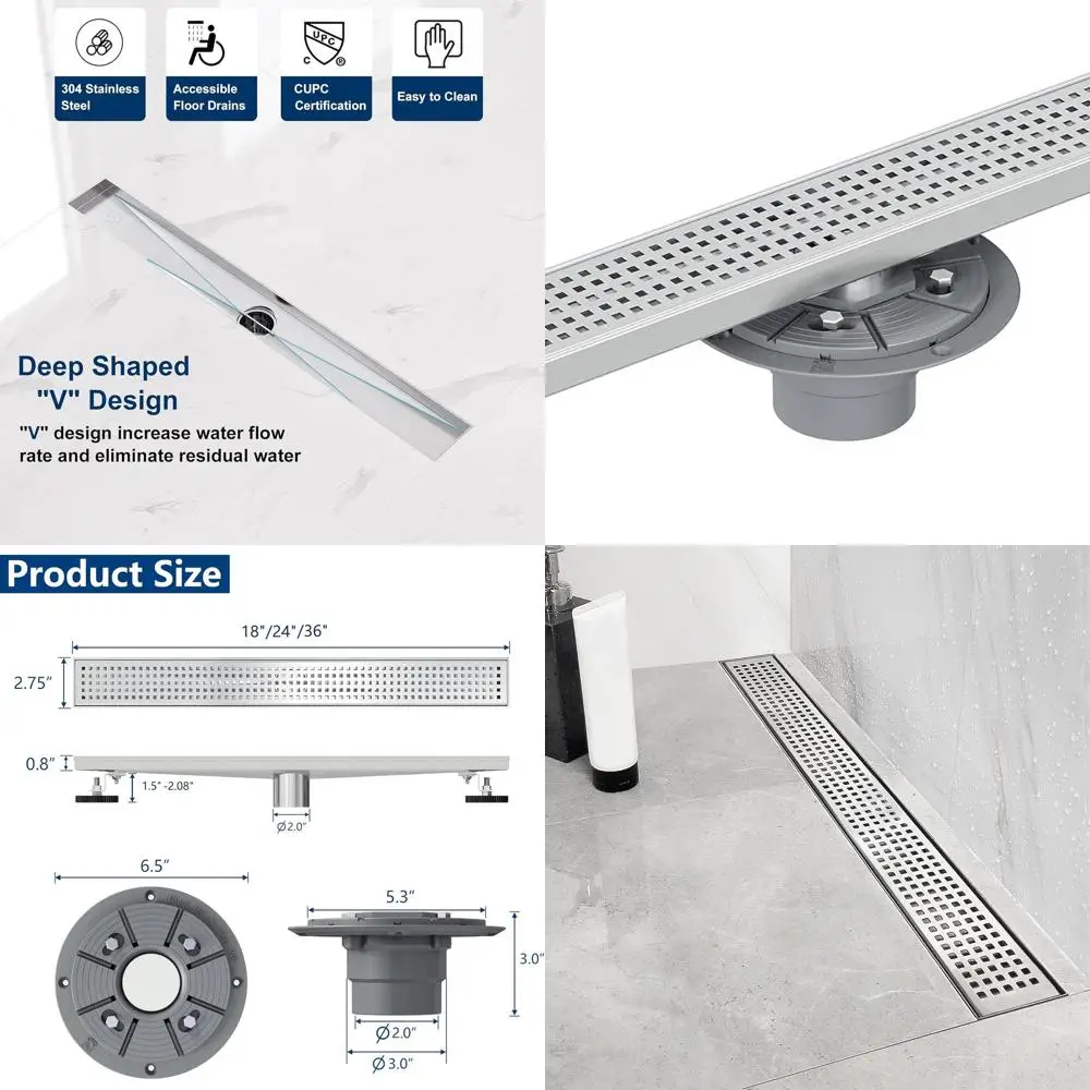 

24 Brushed Stainless Steel Shower Drain with Quadrato Grate and Hair Catcher
