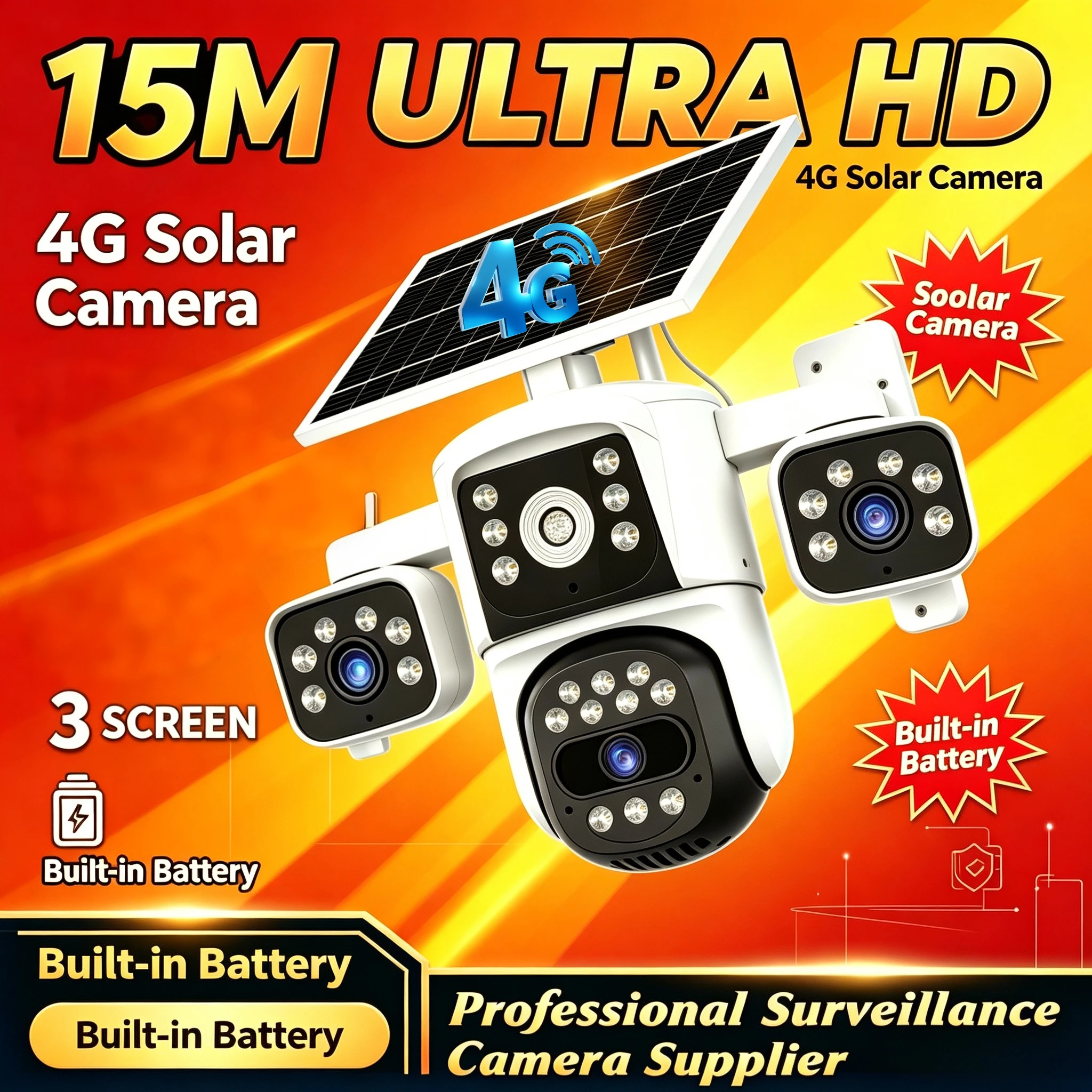 O-kam Pro 8K 15MP 4G Sim Card Solar Camera Wire-free CCTV 3 Screen Auto Tracking Night Vision Wireless 4G Sim Solar Surveillance
