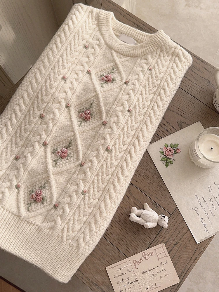 Prairie Chic Knitted Pullovers Women Autumn Winter Vintage Floral Embroidery Loose Sweaters for Sweet Girls