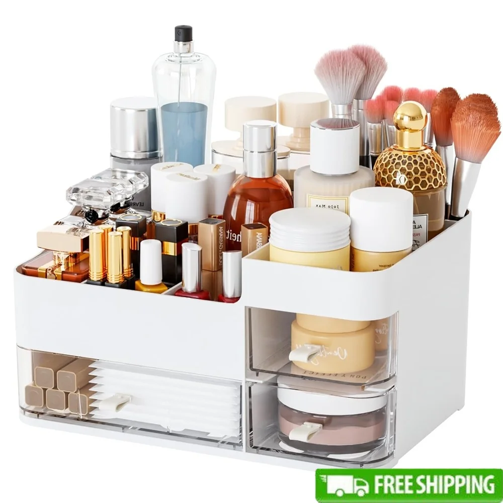 

White Makeup Organizer 3 Drawers Large Capacity Cosmetic Storage Vanity Dresser Portable Dustproof Beauty Products Holder Ideal