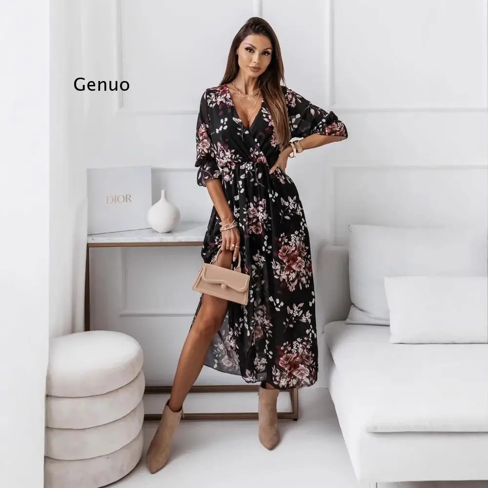 

2026 Women Floral Print V Neck Chiffon Maxi Dress with Side Slit for Bridal Showers