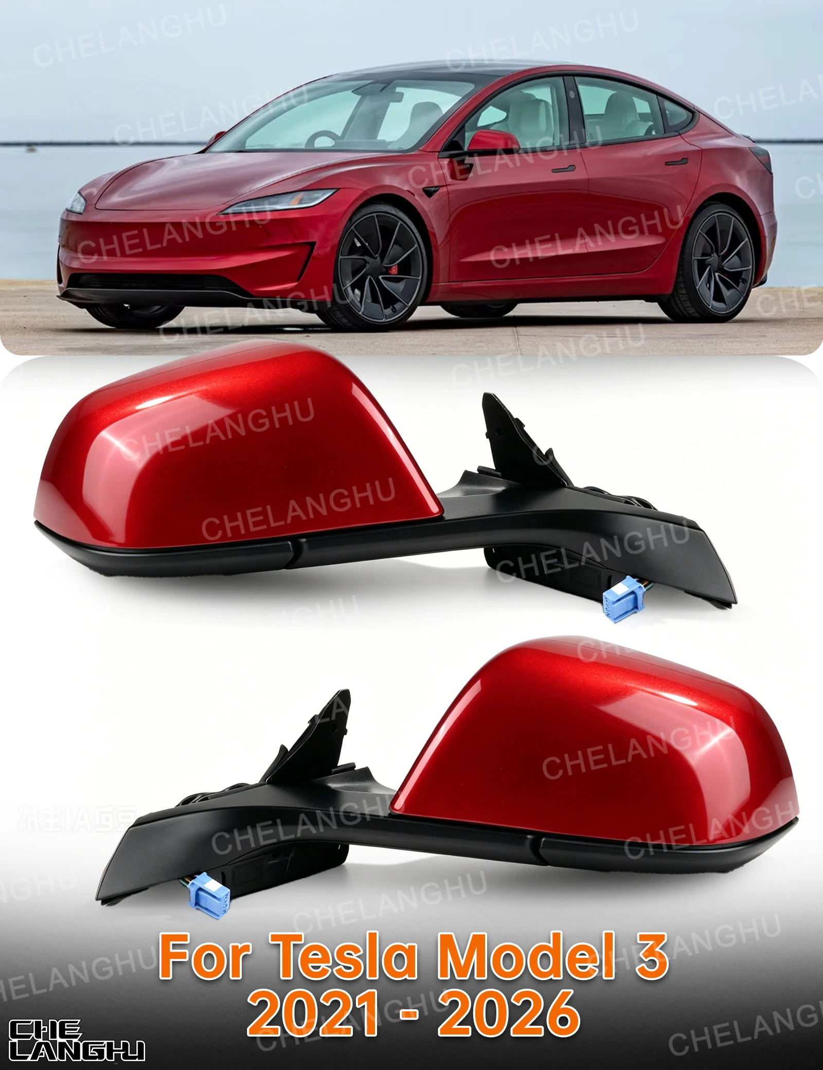 For Tesla Model 3 2021 2022 2023 2024 2025 2026 Car 10/11 Pin Red Painted Power Fold Memory Auti Glare Mirror Assembly