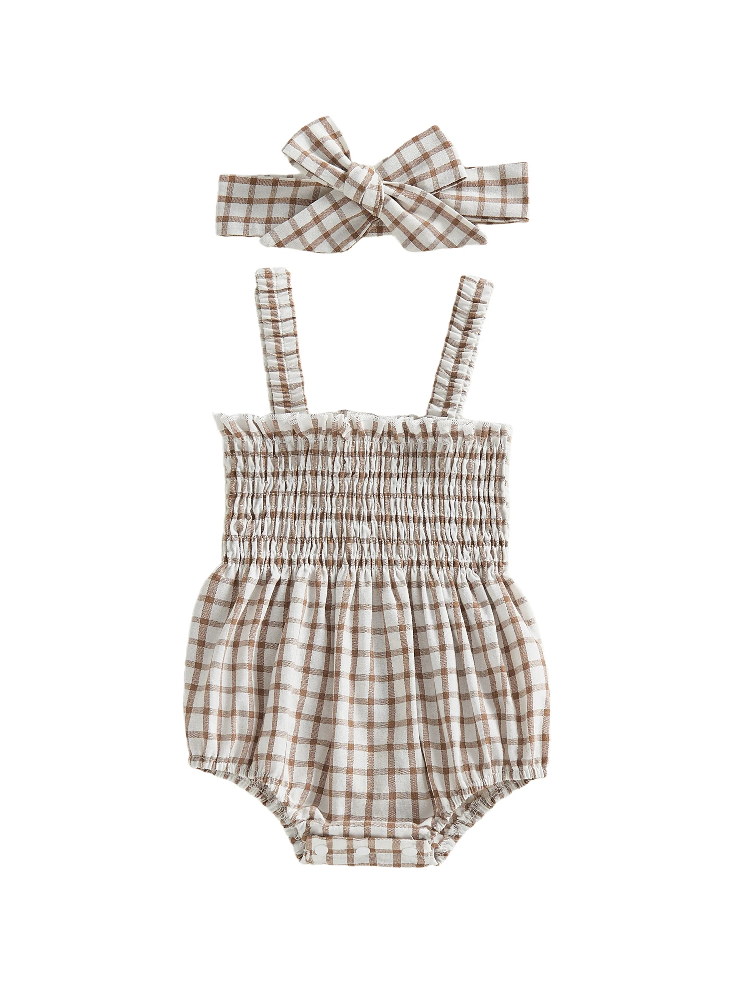 طقم ملابس للفتيات الصغيرات مكون من قطعتين مريح بدون أكمام ورقبة مربعة منقوشة وعصابة رأس #3