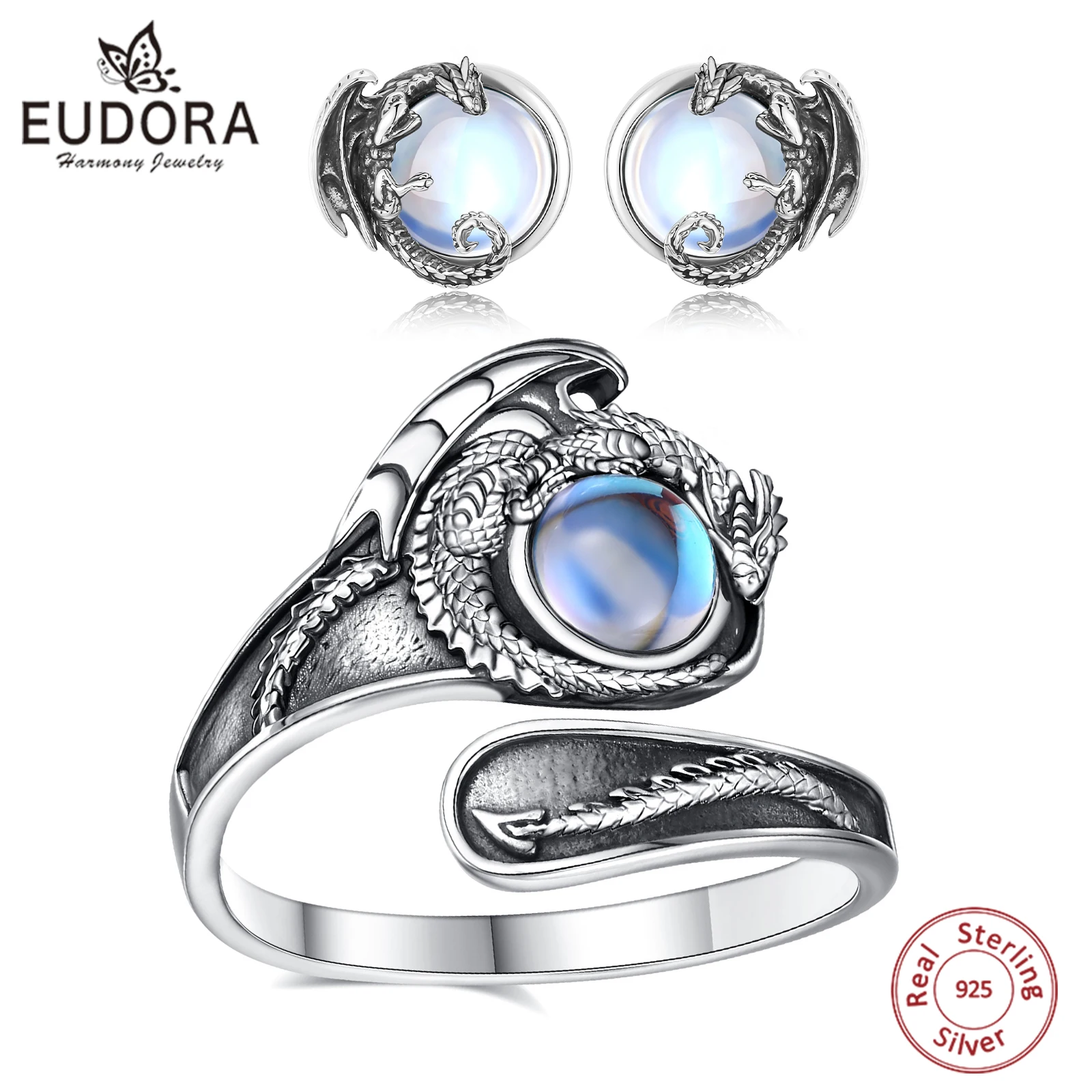 Eudora 925 Sterling Silver Dragon Adjustable Ring and Stud Earrings Moonstone Hypoallergenic Jewelry Set Party Spiritual Gift