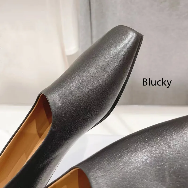 2023 Summer Womens Genuine Leather Slippers Square Toe High Heels Solid Color Slim Fit Fashion Style