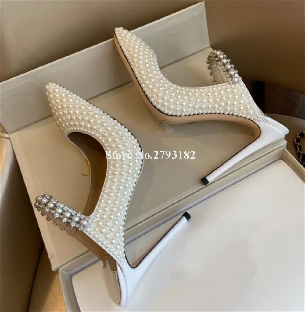 Women Luxurious White Pearls Thin Heel Pumps Pointed Toe Crystals Shining Stiletto Heel Slippers Wedding Jewels High Heels