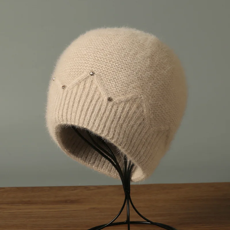 الأنجورا قبعة المرأة الشتاء متماسكة قبعة حجر الراين طبقات مزدوجة عارضة الدافئة التبعي للخريف في الهواء الطلق الرياضة الطقس البارد