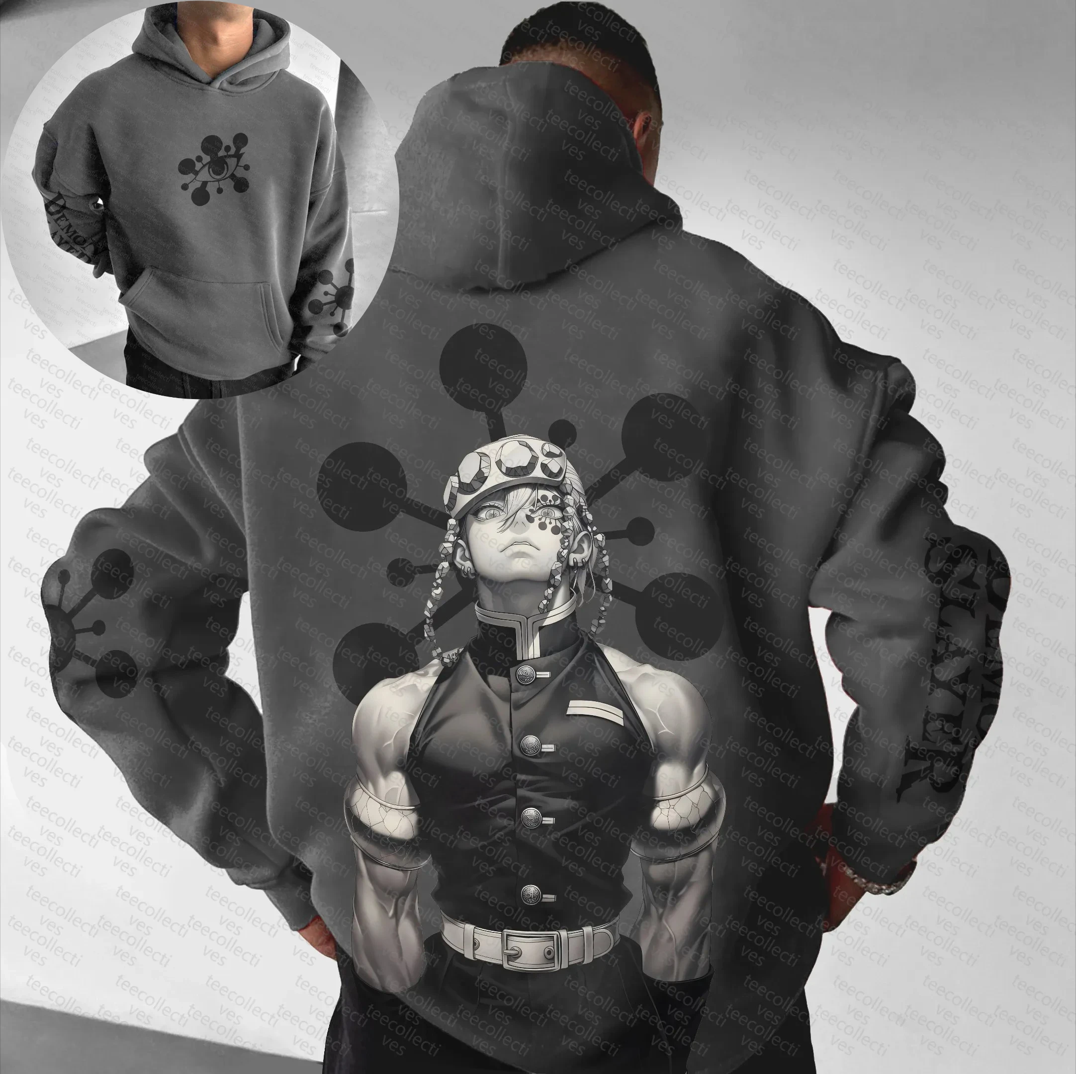 

Streetwear Grey Hoodie Men 2025 Autumn Black Eye Pattern Design Sleeve Text Print Cotton Blend Pullover Hooded Sweatshirt For