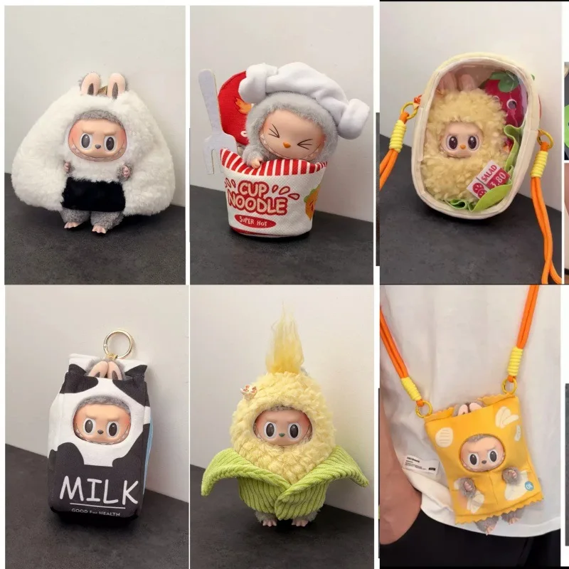 for Labubu 1-3 Gen 17cm Doll Outfits Milk Carton Onigiri Corn Chips & Ramen Bucket Set Bento Bag and Animal-Shaped Clothes