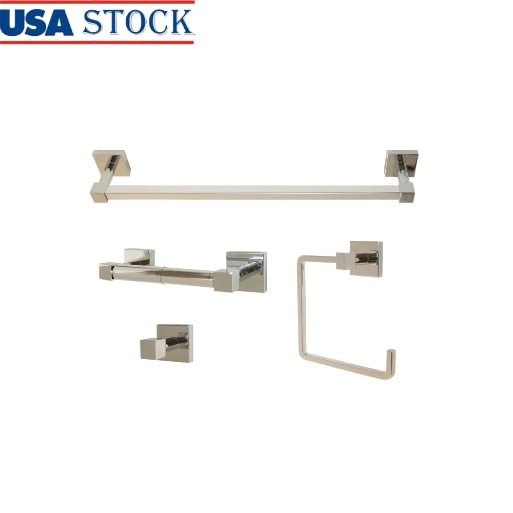 4-Piece Bathroom Hardware Accessory Kit Polished Chrome Towel Bar Ring Toilet Paper Holder Robe Hook EZ Anchor Mounts Durable
