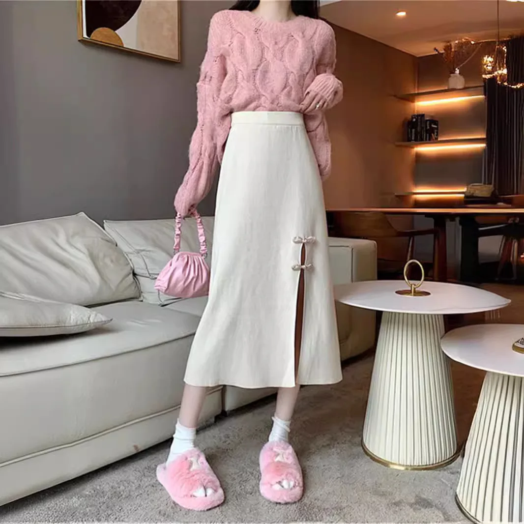 2024 Spring and Autumn New Split Cheongsam Skirt, Mid to Long Knitted Half length Skirt, High Waist, Slim and Hairy Dress