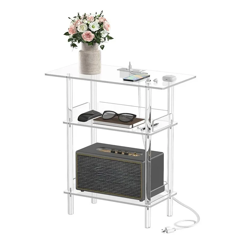 

Transparent three-layer bedside table, coffee table, transparent sofa edge, simple three-layer storage with socket