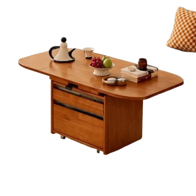 

Solid wood coffee table, folding tea table mobile trolley, lifting, small apartment living room dining table