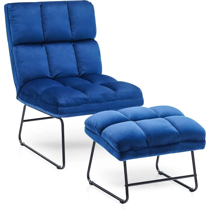 Accent Chair with Ottoman, Velvet Modern Metal Legs, Club Chair Lounge Sofa Couch for Living Reading Room Bedroom (Blue)