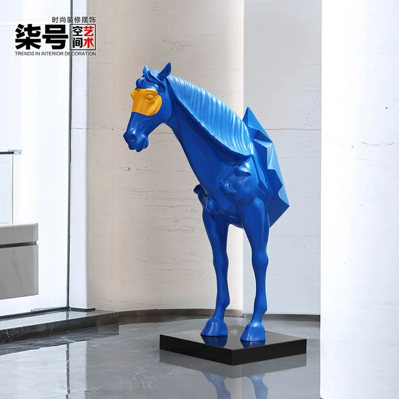 YY Modern Creative Golden Horse Sculpture Artwork Floor Ornaments Klein Blue