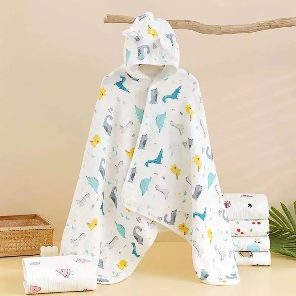 

Cartoon Printed Baby Gauze Bath Towel Soft Four Layer Hooded Bathrobe Absorbent Comfortable Cartoon Cloak Towel Bath