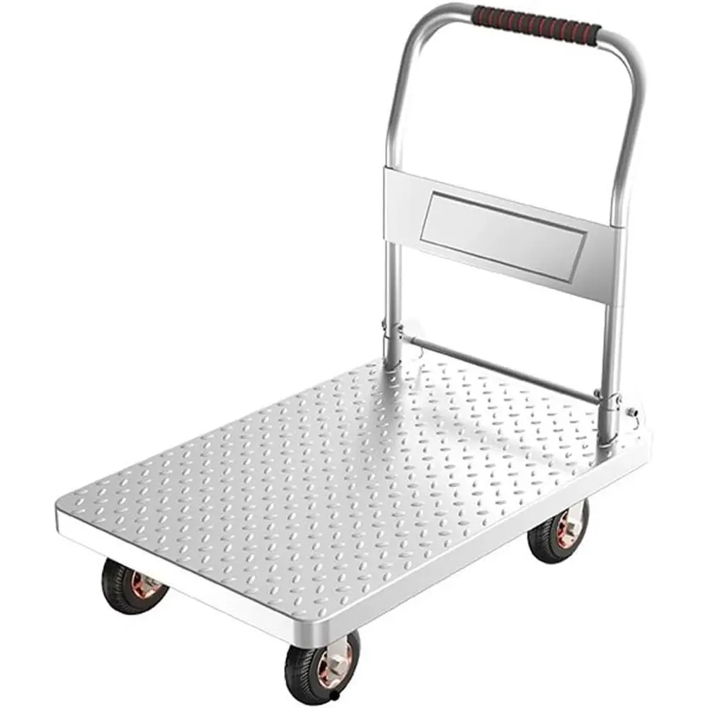 

Sturdy Steel Hand-Pulled Garage Platform Truck - Portable Moving Cart for Daily Use and Warehouse Transport (Silver)