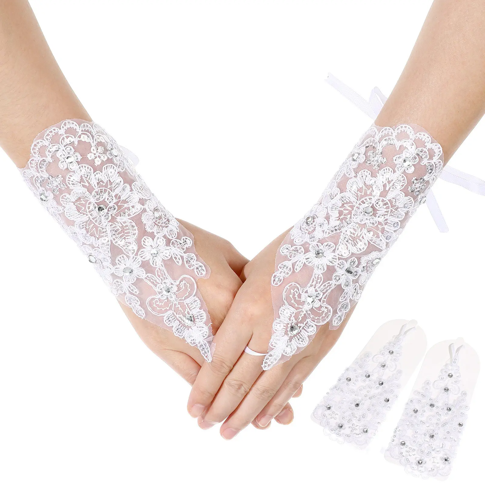 1Pair Elegant Fingerless Lace Gloves Performance Gloves with Rhinestones Flower Wedding Stage Costume Party