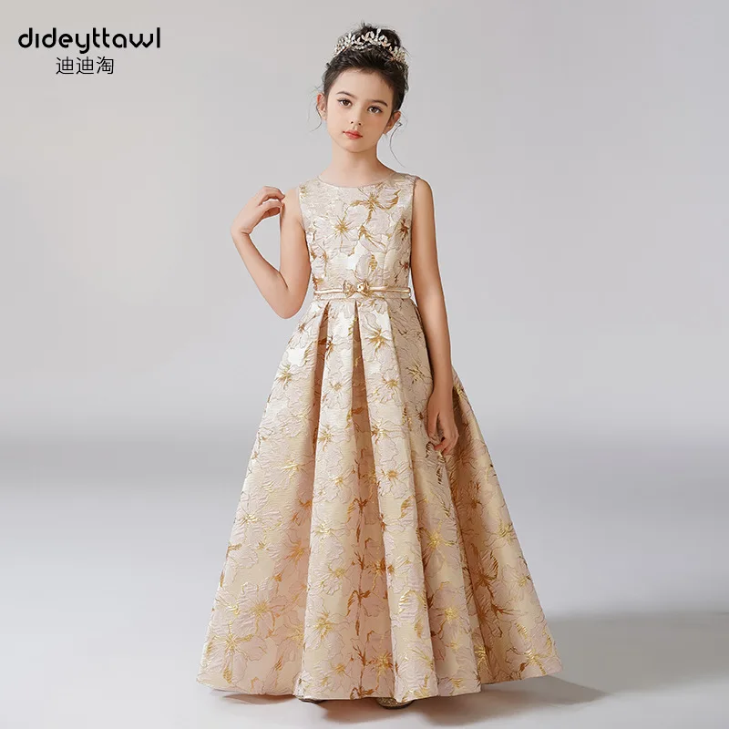 É yiiya personalizado vestidos da menina de flor dourado floral o-pescoço sem mangas a linha plissado zíper volta até o chão crianças vestido t152