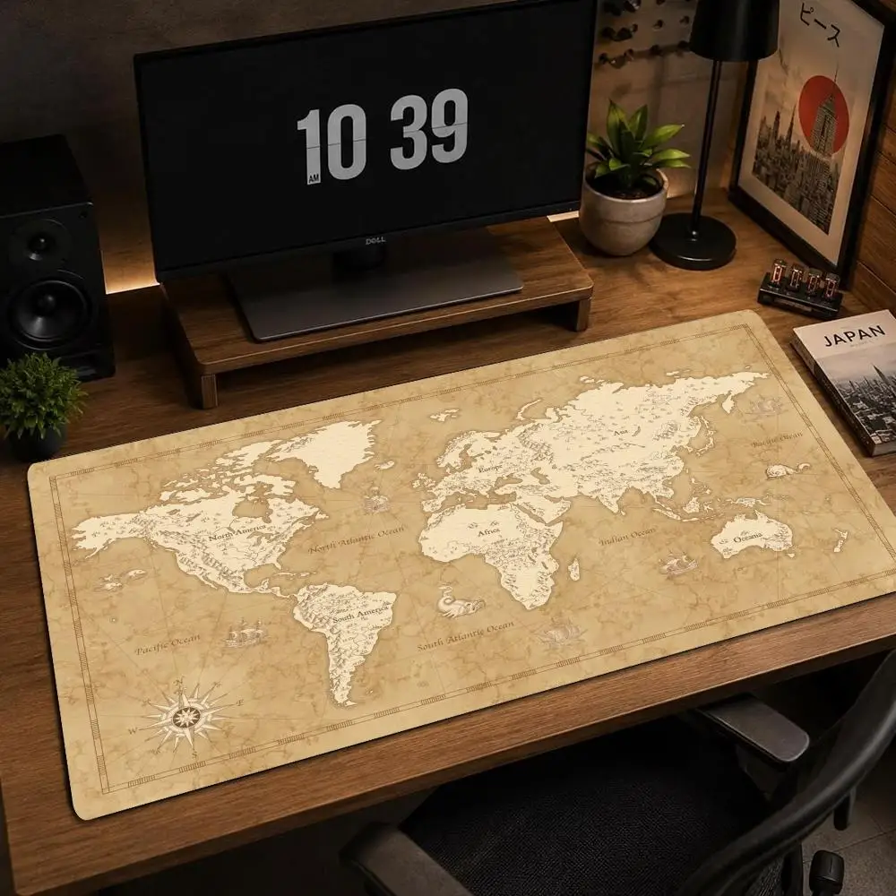 XXL Gaming Mouse Pad Vintage Old World Map Deskmat Non‑Slip Rubber Nautical Ship Art Pc Game Keyboard Mats Gamer Mausepad