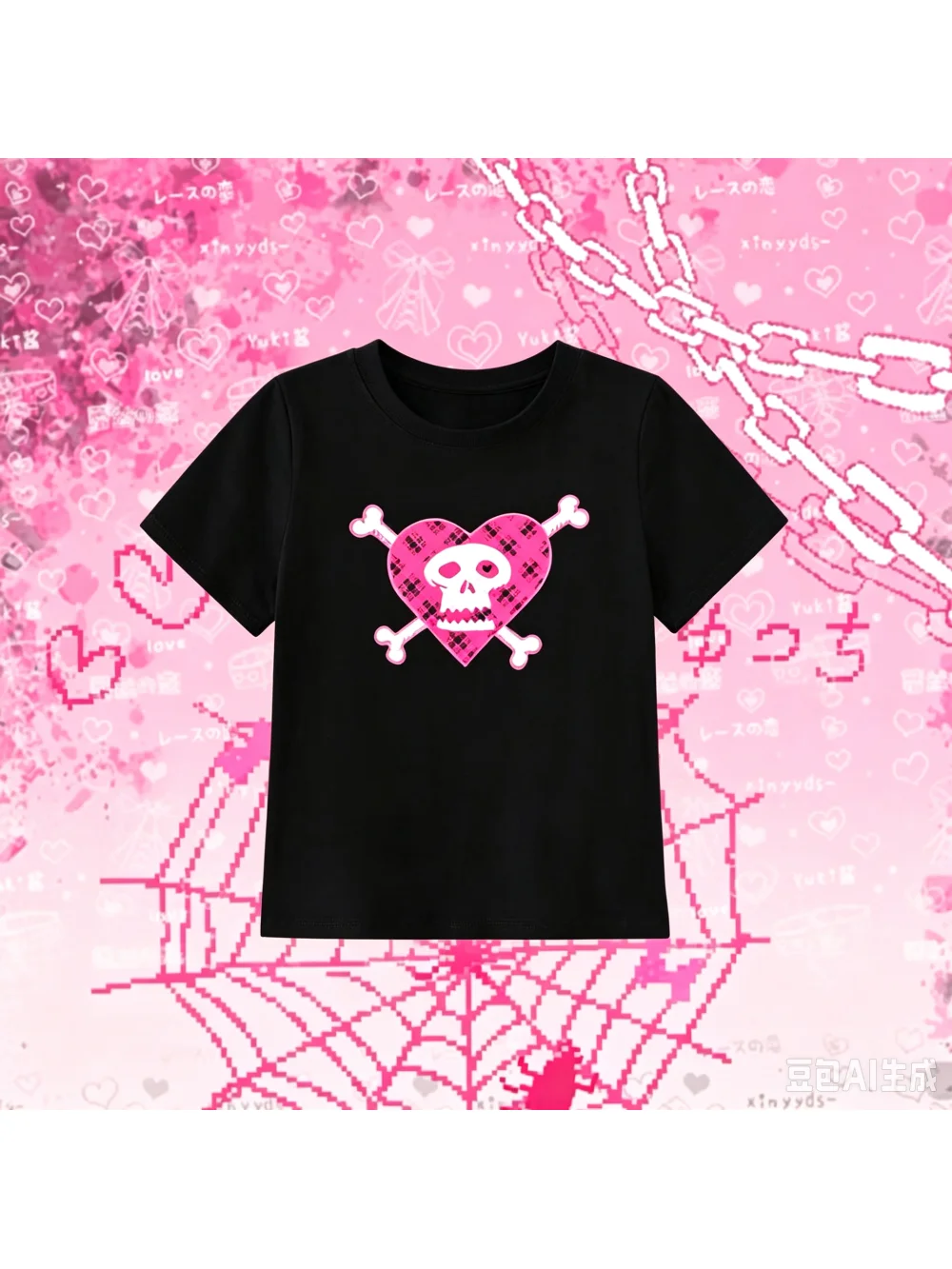 New Summer Retro Sweet Cool Punk Subculture Skull Printed Short Sleeve Top for Spicy Girls, Street Trend, Leisure, and Niche Ins