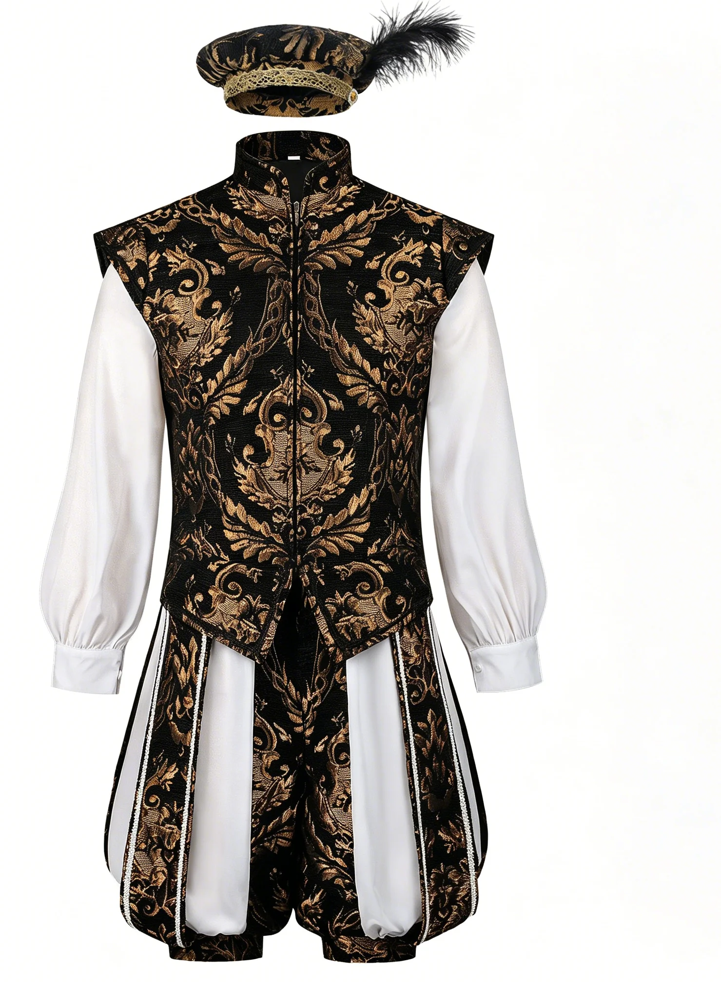 

Renaissance Medieval Men's 3PCS Costume - Jacquard Doublet, Puffy Breeches and Hat, Elizabethan Style Noble Outfit for Cosplay