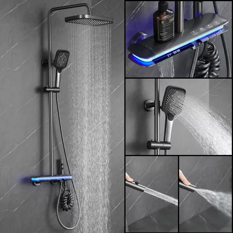 Modern Brass LED Thermostatic Shower System Smart Digital Display Piano Key Rainfall Massage Head Bathroom Fixture Set