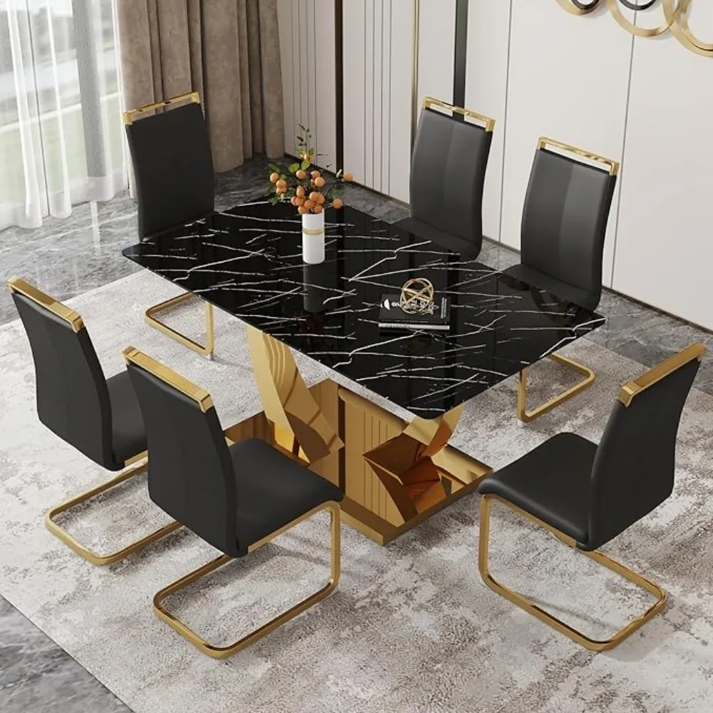 Ensemble de Table à manger en or de mode moderne, ensemble de Table de salle à manger de 63 pouces p