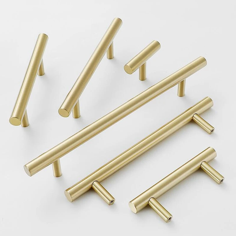 Boutons et poignées d'armoire de cuisine en laiton brossé, poignées de porte de placard à tiroirs dorés Tbar 96mm 128mm 160mm 320mm-1 paquet