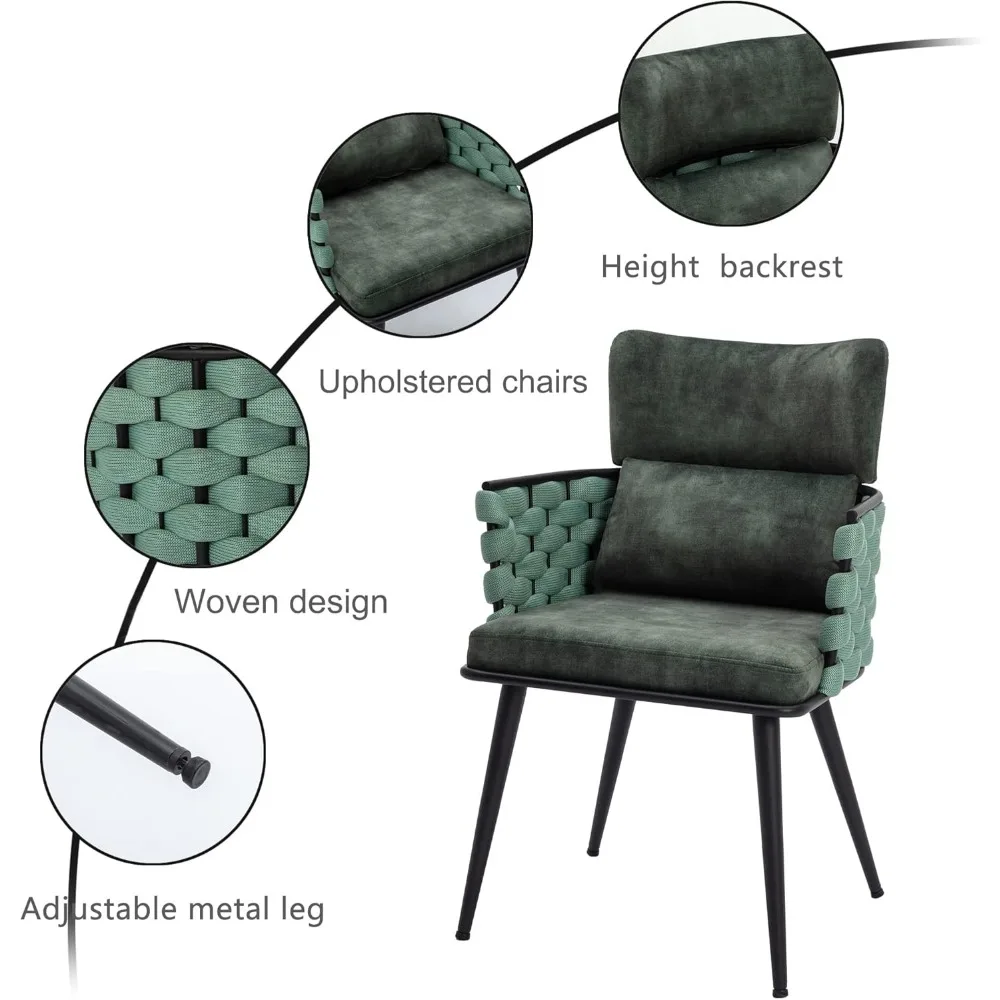 Современные обеденные стулья середины века, набор из 2 шт., плетеные кухонные стулья ручной работы, бархатные обеденные стулья с обивкой и металлическими ножками для