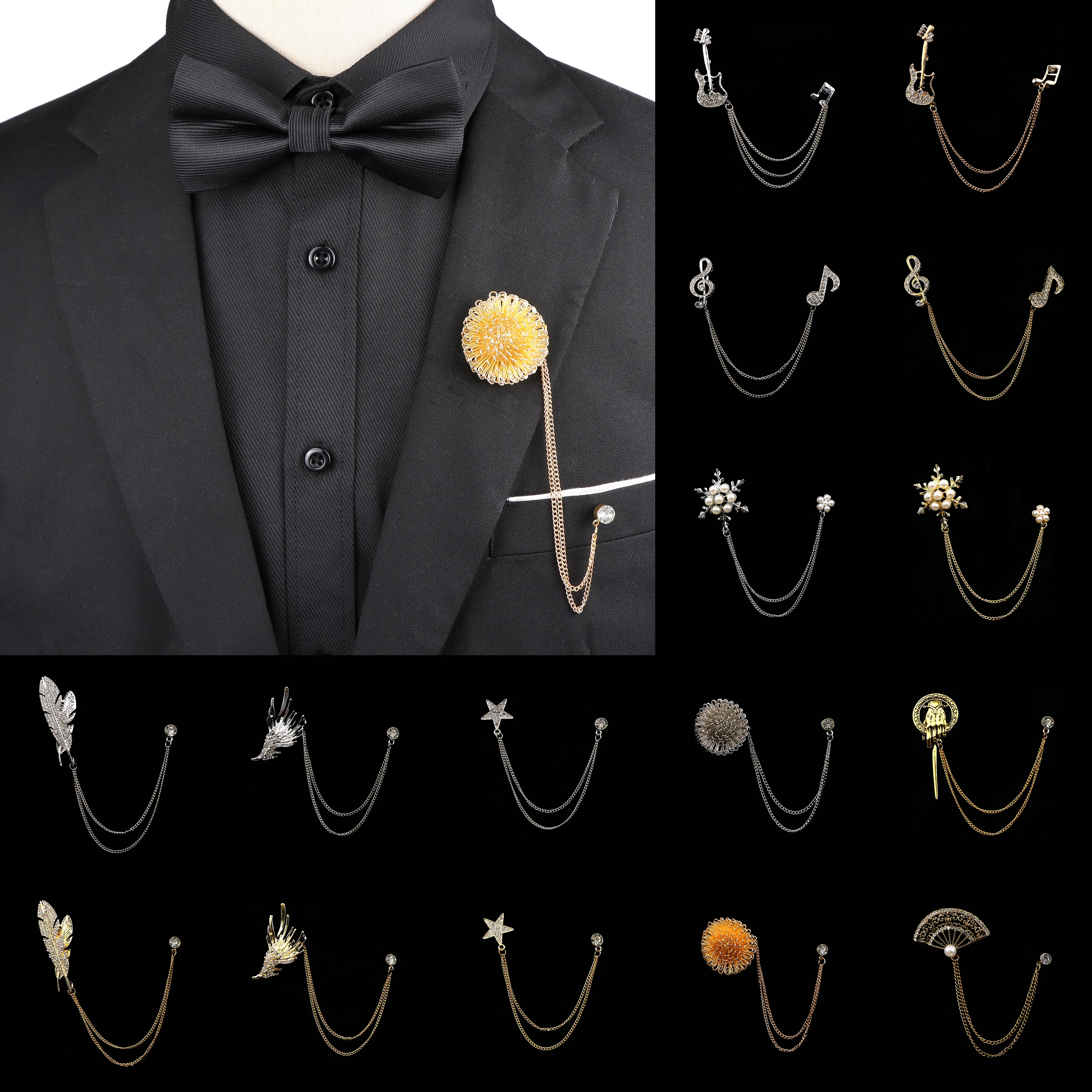 

Модная брошь-цепочка с кисточками в стиле ретро: гитара, нота, звезда, лист. Значок на лацкан для мужчин, аксессуар для свадебного костюма, рубашки, воротника.