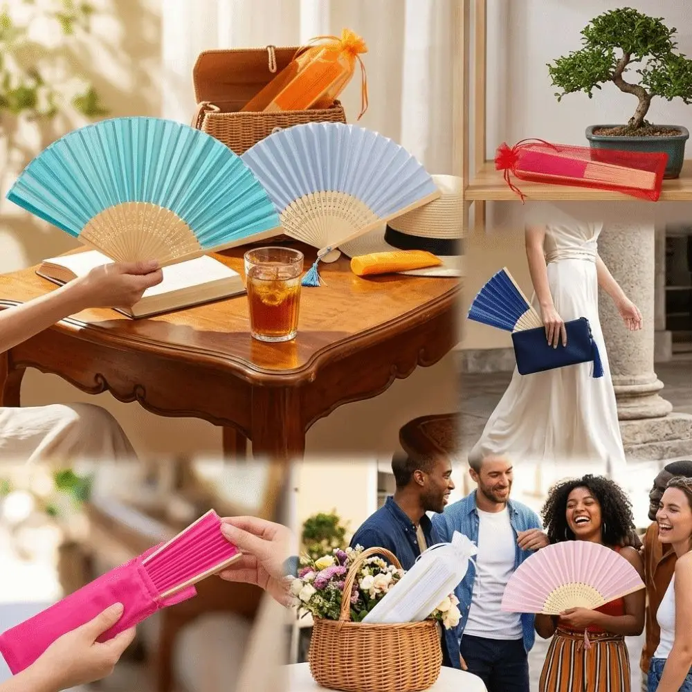 Chinese Style Folding Fan Wear Resist Cooling Tool Silk Hand Fan with Organza Bag with Tassel Bamboo Hand Fan Dance Props