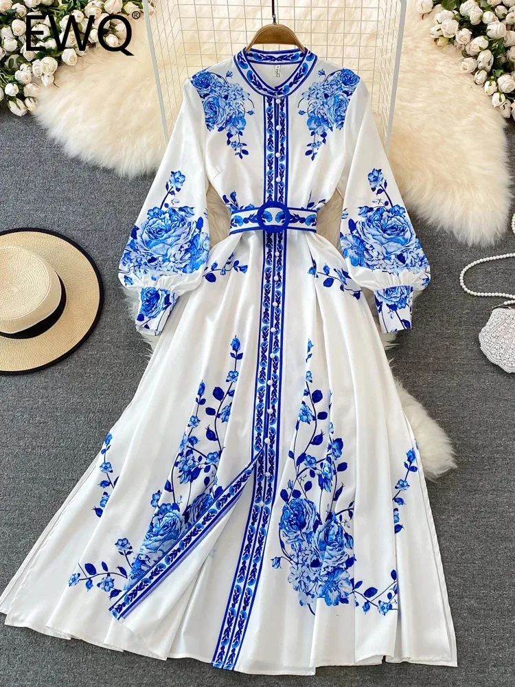 

EWQ Chinese Style Print Long Dress For Women Lantern Sleeves Belt Gathered Waist A-line Dresses 2024 Spring New Clothing 27C168