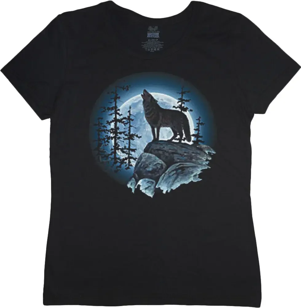 Ladies t shirt lone wolf howling at the moon women's size tee top long or short sleeves