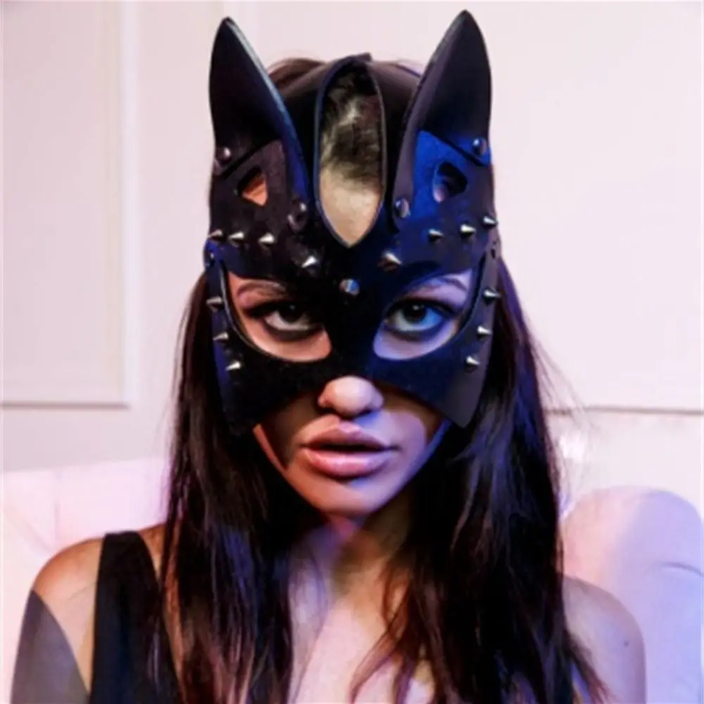 Sexy Leather Mask Bunny Girl Cosplay Erotic Fetish Rave Mask Rivets Bondage Harness Bdsm Halloween Party Cat Mask Woman Man