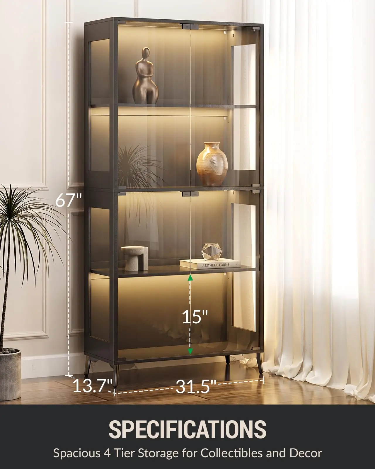Display Cabinet with Glass Doors, 4-Tier Curio Cabinet with Adjustable Shelves, Glass Display Case for Collectibles