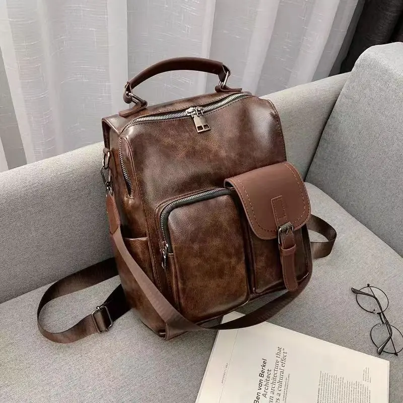 Large Laptop Backpacks Fashion Leisure Women's Backpack Solid Color Travel Soft PU Leather Backpack