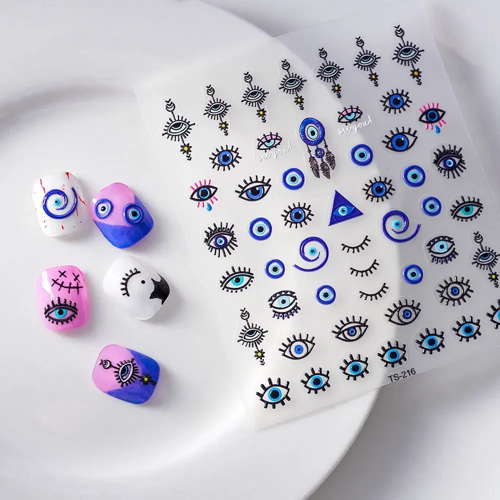 Eyes Blue Devil Eye 5D Nail Stickers 5D Soft Reliefs Nails Accesorios Back Glue Illusion Nail Sticker Personality Nail Art