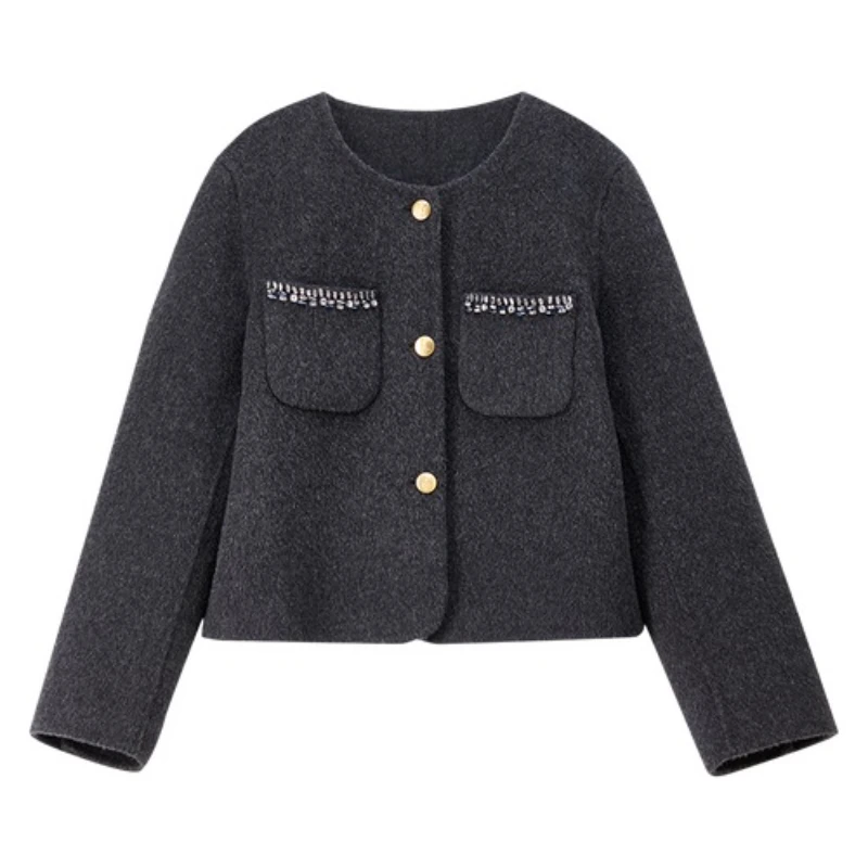 سترة صوف SENTUBILA 2025 معاطف قصيرة للنساء بجيب شتوي سميك ورقبة دائرية وأكمام طويلة ملابس خارجية للسيدات المكتب W54OG4882