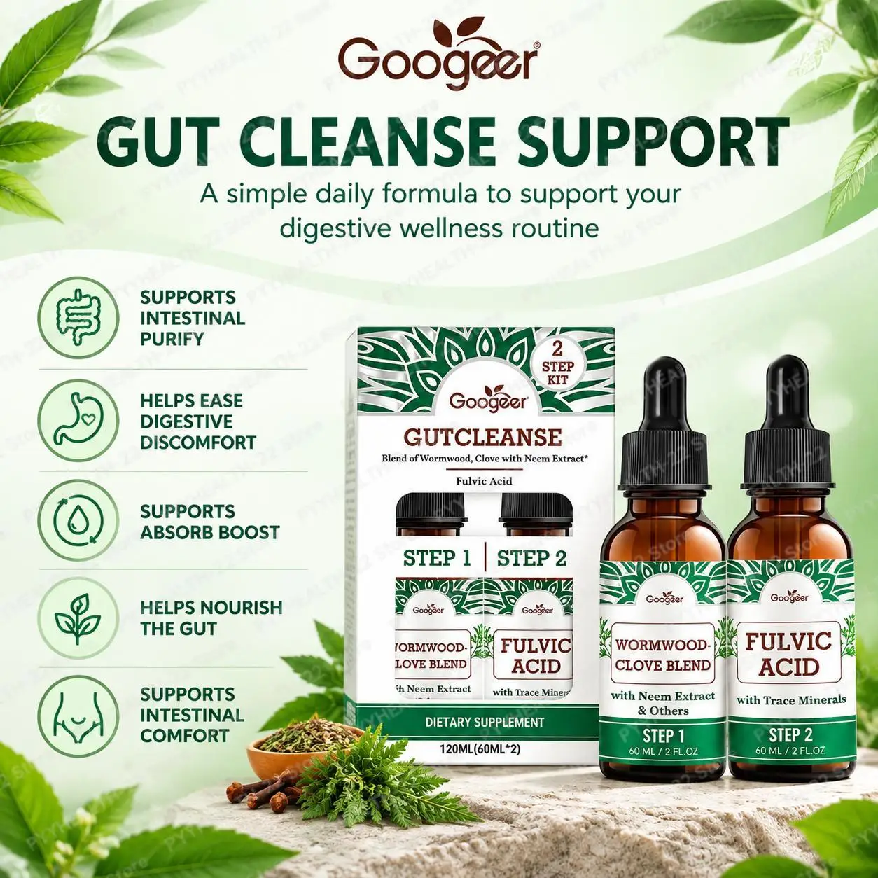 Gut Wellness Liquid Drops 2-Step Kit with Wormwood, Clove & Fulvic Acid, Supports Intestinal Comfort & Healthy Digestive, 120ml