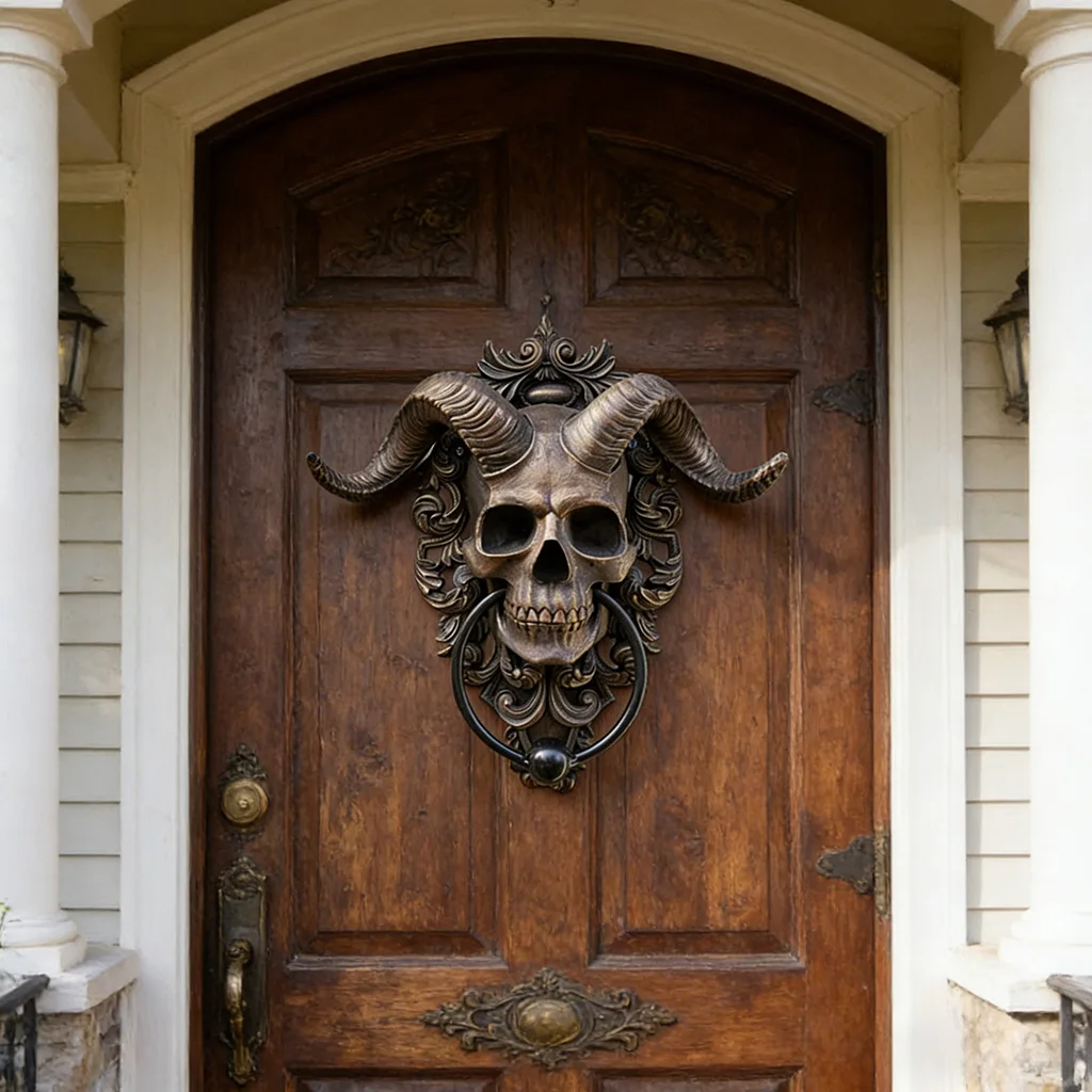 Antique Gothic Ram Skull Wall Sculpture Resin Door Knocker Punk Style Horror Home Wall Decor Statement Piece Halloween Ornament