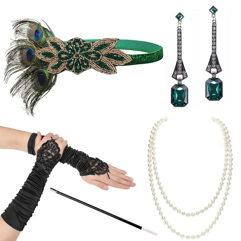 

1920s Party 5-Piece Accessory Set - Peacock Feather Headband, Earrings, Pleated Beaded Gloves, Necklace & Cigarette Holder