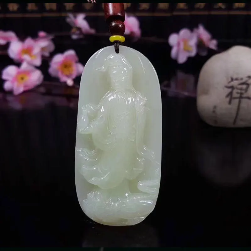 

Hetian Jadeite Green and White Jade Standing Guanyin Bodhisattva Sign Pendant