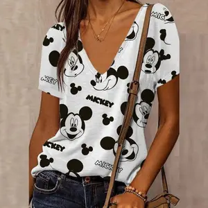 Disney-Camiseta feminina estampada de Mickey Mouse, roupas femininas, camisetas, moletom Harajuku feminino, blusa com decote em v, tops de manga curta, verão 8 principais vendas blusas de miki maus - №5