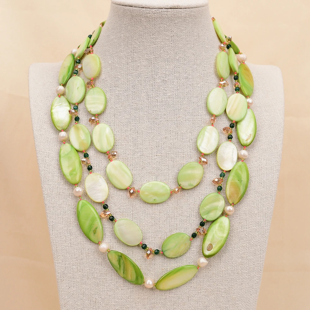 

APDGG NO142 Handmade 3 Rows Natural Mix Stone Green Shell Crystal Gems Multi Strands Necklace