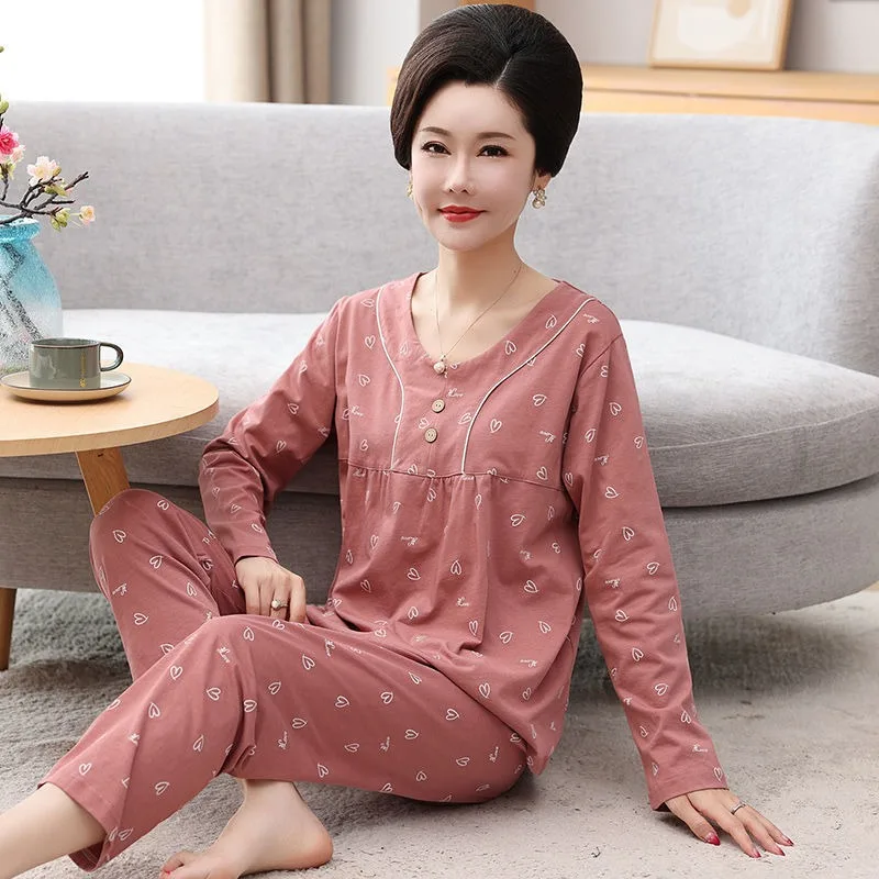 2023 New Middle Aged Women's Pure Cotton Pajamas Long Sleeved Loungewear Spring Autumn Thin Pullover Large Size Homewear Set