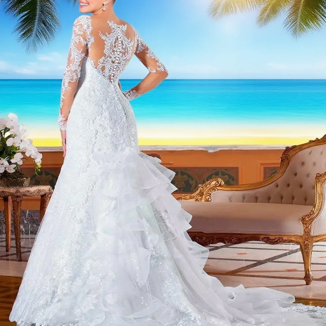 

Customized neck accessory lace decoration long-sleeved mermaid-style wedding dress for formal wedding bride costume