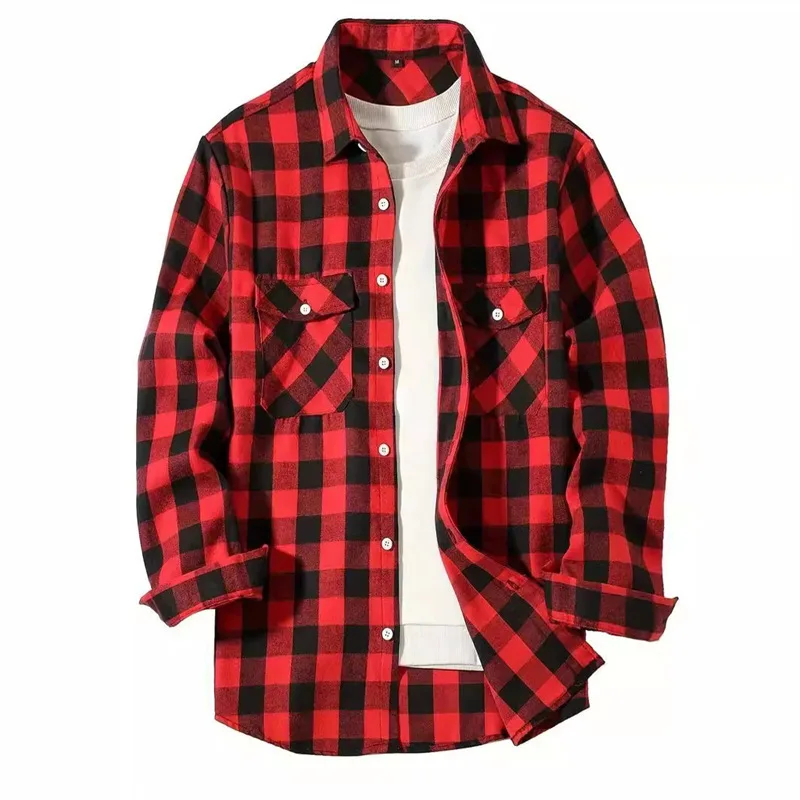 New French Fleece Plaid Hooded Shirt Size Double Bag Cover Shirt Men's