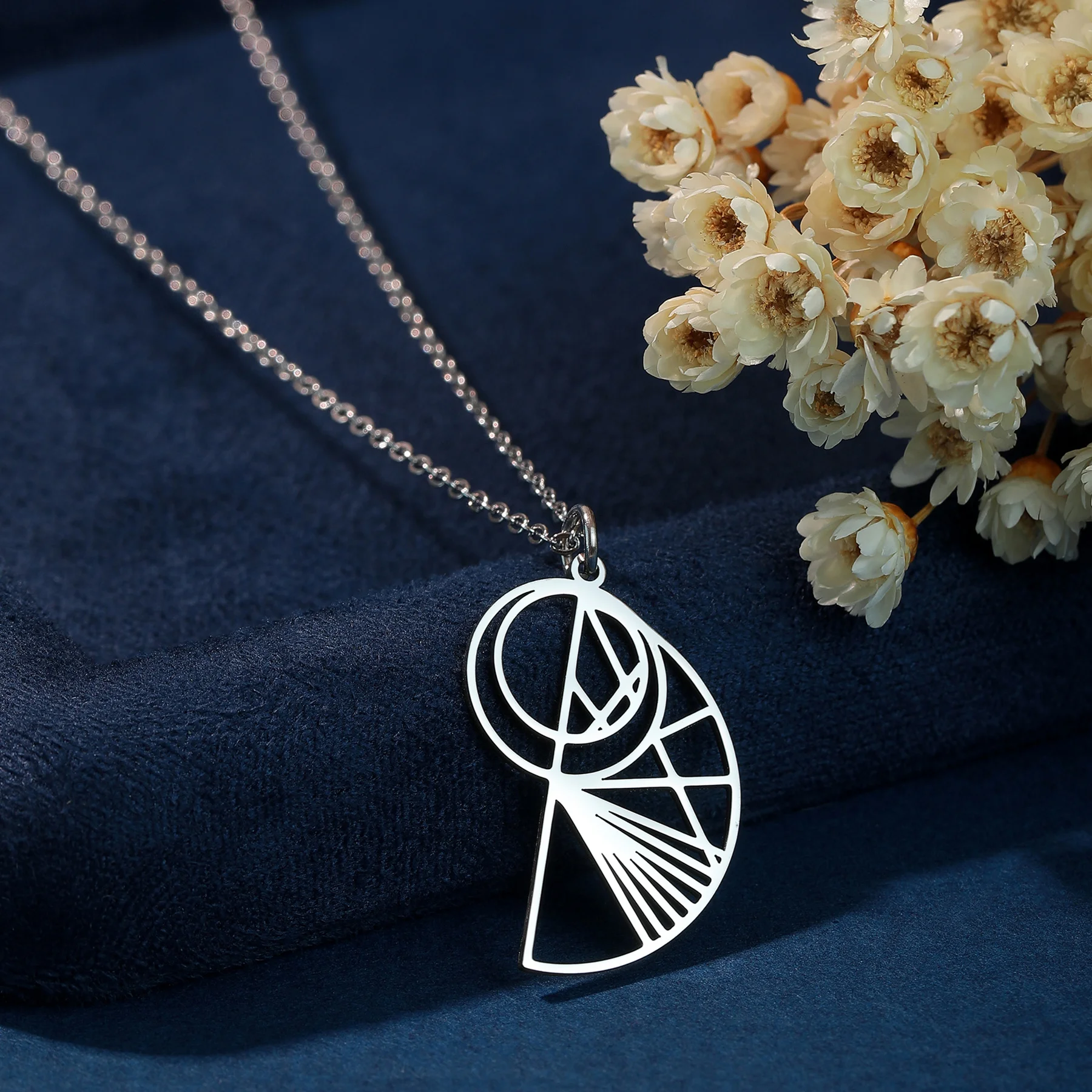 Kinitial Geometric Art Line Abstract Design Sense Pendant Necklace For Women Stainless Steel Jewelry